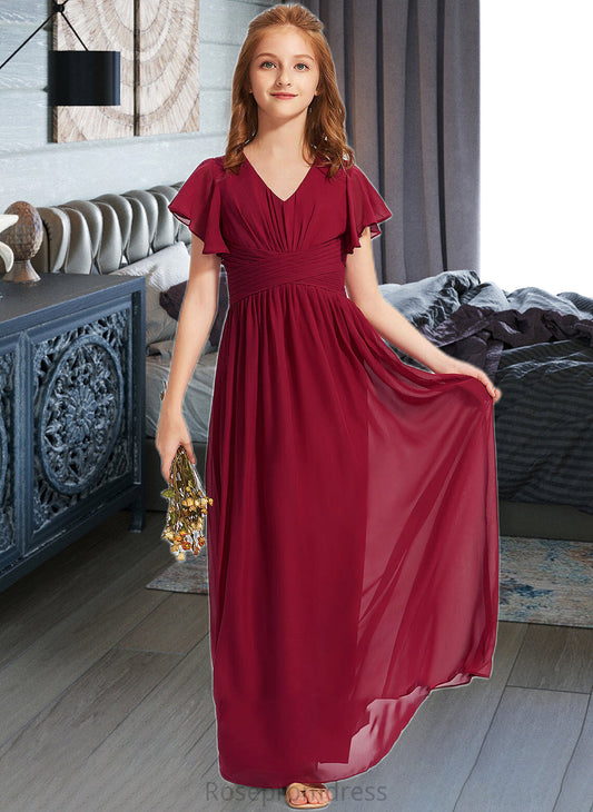 Juliet A-Line V-neck Floor-Length Chiffon Junior Bridesmaid Dress With Ruffle SRSP0013405