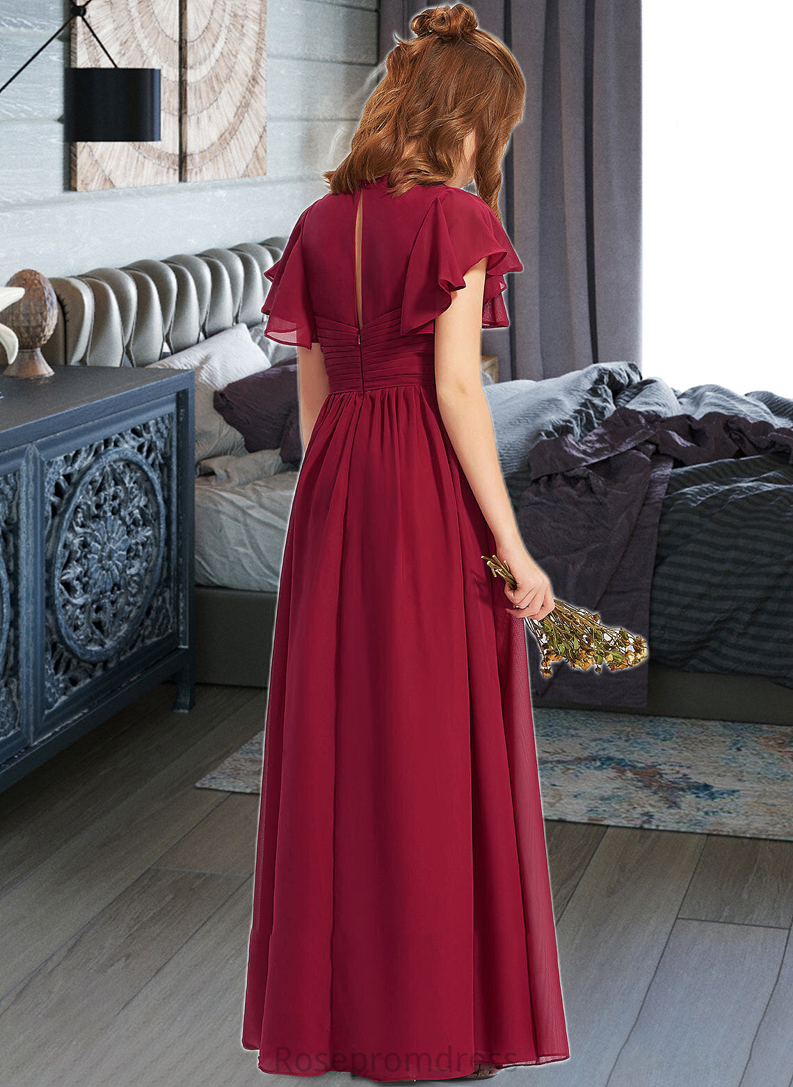Juliet A-Line V-neck Floor-Length Chiffon Junior Bridesmaid Dress With Ruffle SRSP0013405