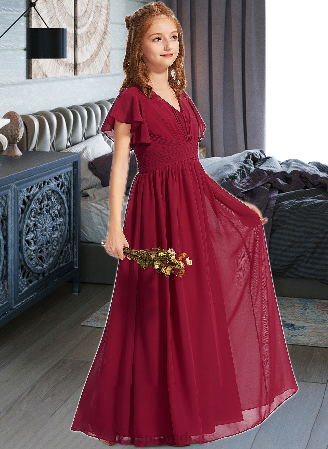 Juliet A-Line V-neck Floor-Length Chiffon Junior Bridesmaid Dress With Ruffle SRSP0013405