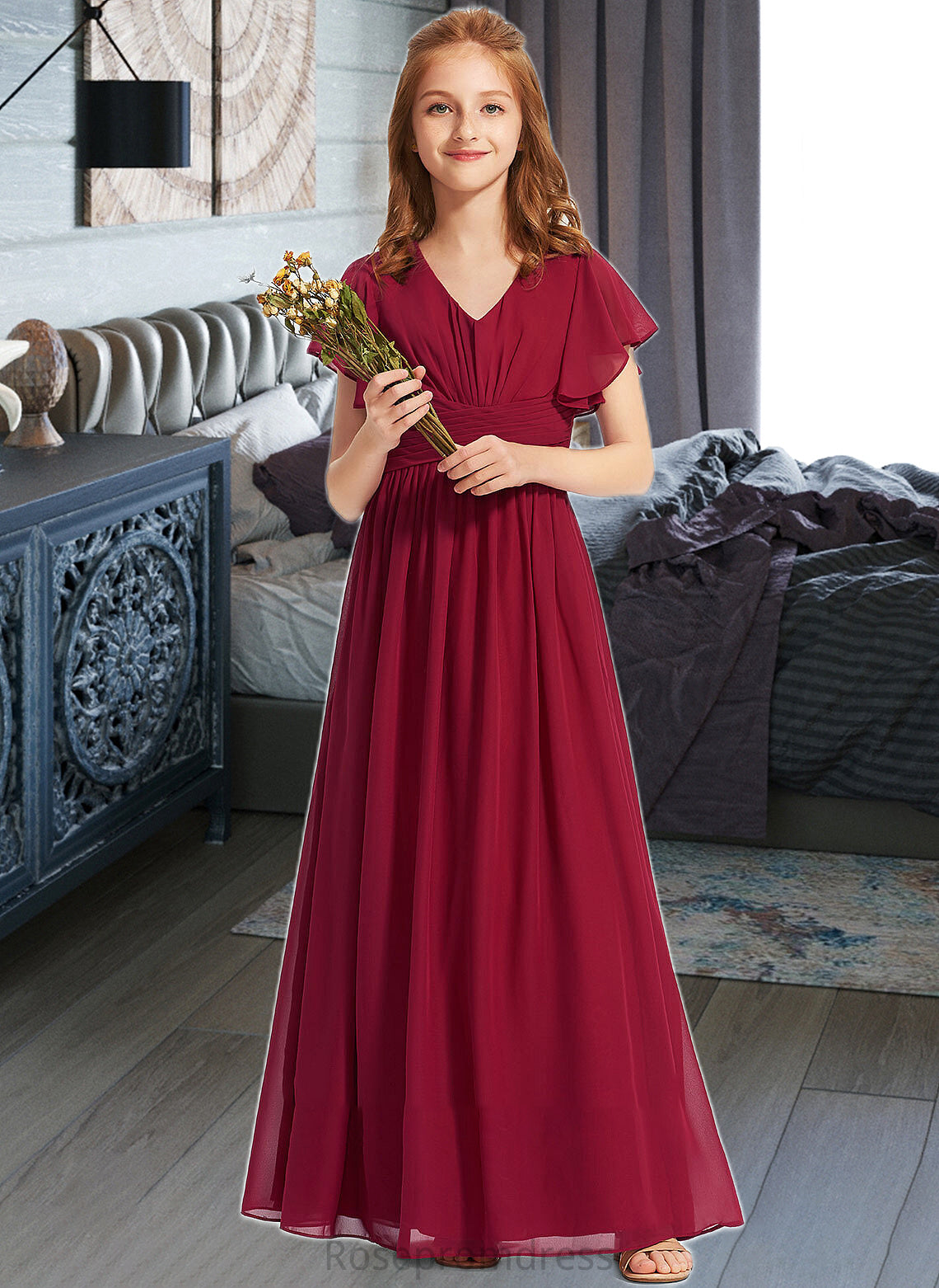Juliet A-Line V-neck Floor-Length Chiffon Junior Bridesmaid Dress With Ruffle SRSP0013405