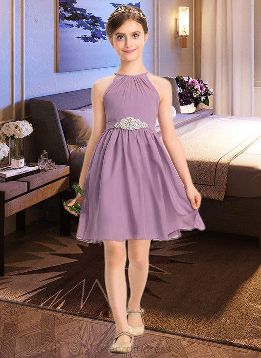 Denise A-Line Scoop Neck Knee-Length Chiffon Junior Bridesmaid Dress With Ruffle Beading SRSP0013407