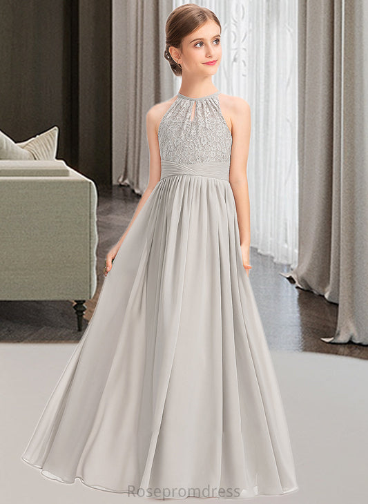 Priscilla A-Line Scoop Neck Floor-Length Chiffon Lace Junior Bridesmaid Dress With Ruffle SRSP0013409