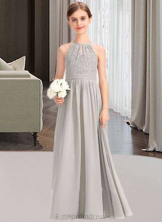 Priscilla A-Line Scoop Neck Floor-Length Chiffon Lace Junior Bridesmaid Dress With Ruffle SRSP0013409