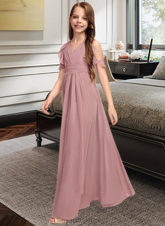 Jazlyn A-Line V-neck Floor-Length Chiffon Junior Bridesmaid Dress With Cascading Ruffles SRSP0013413