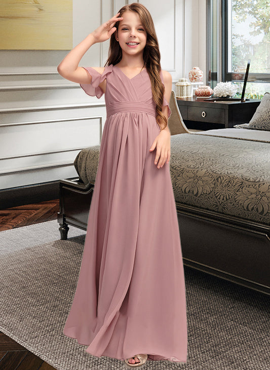 Jazlyn A-Line V-neck Floor-Length Chiffon Junior Bridesmaid Dress With Cascading Ruffles SRSP0013413
