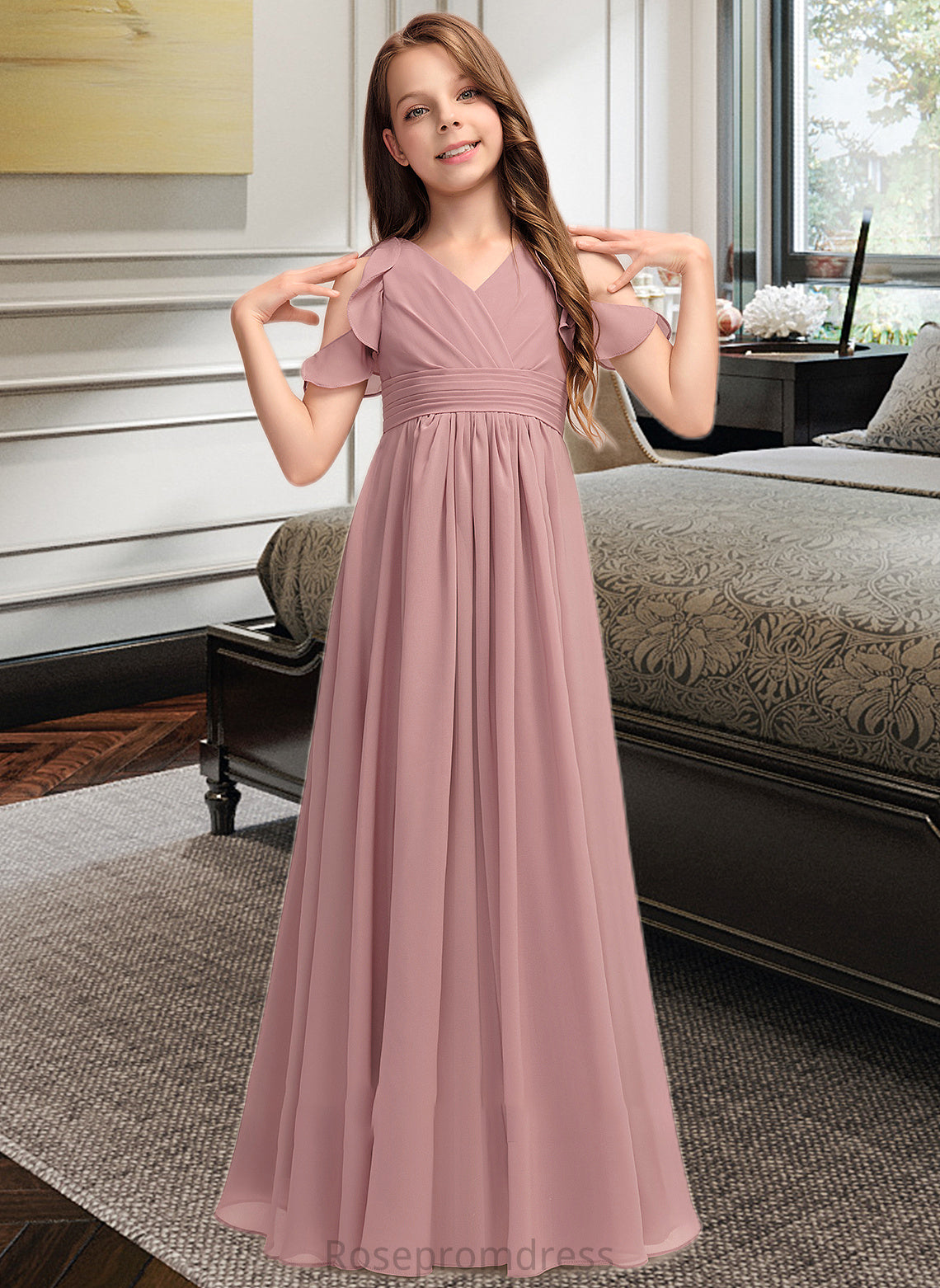 Jazlyn A-Line V-neck Floor-Length Chiffon Junior Bridesmaid Dress With Cascading Ruffles SRSP0013413