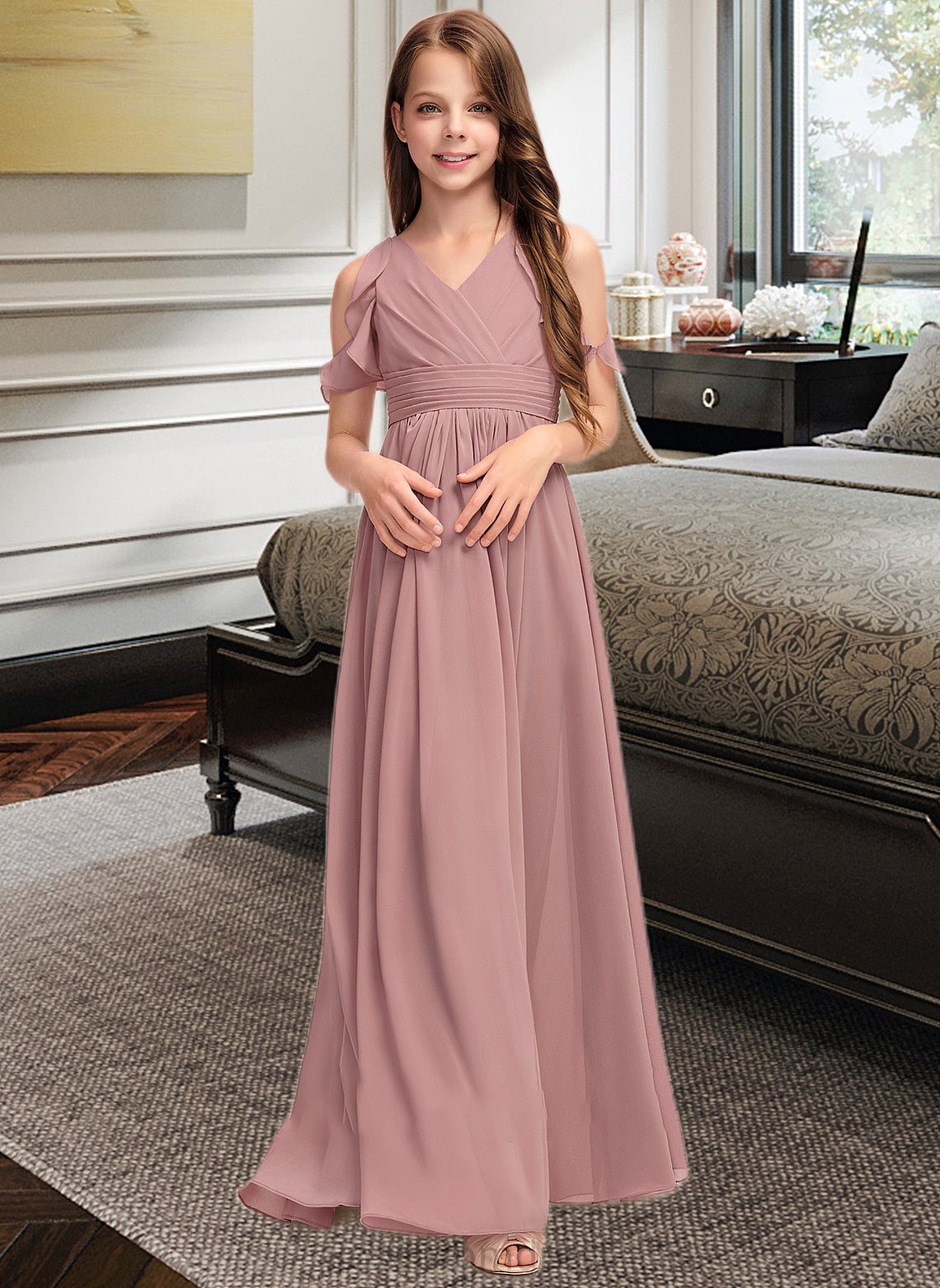 Jazlyn A-Line V-neck Floor-Length Chiffon Junior Bridesmaid Dress With Cascading Ruffles SRSP0013413