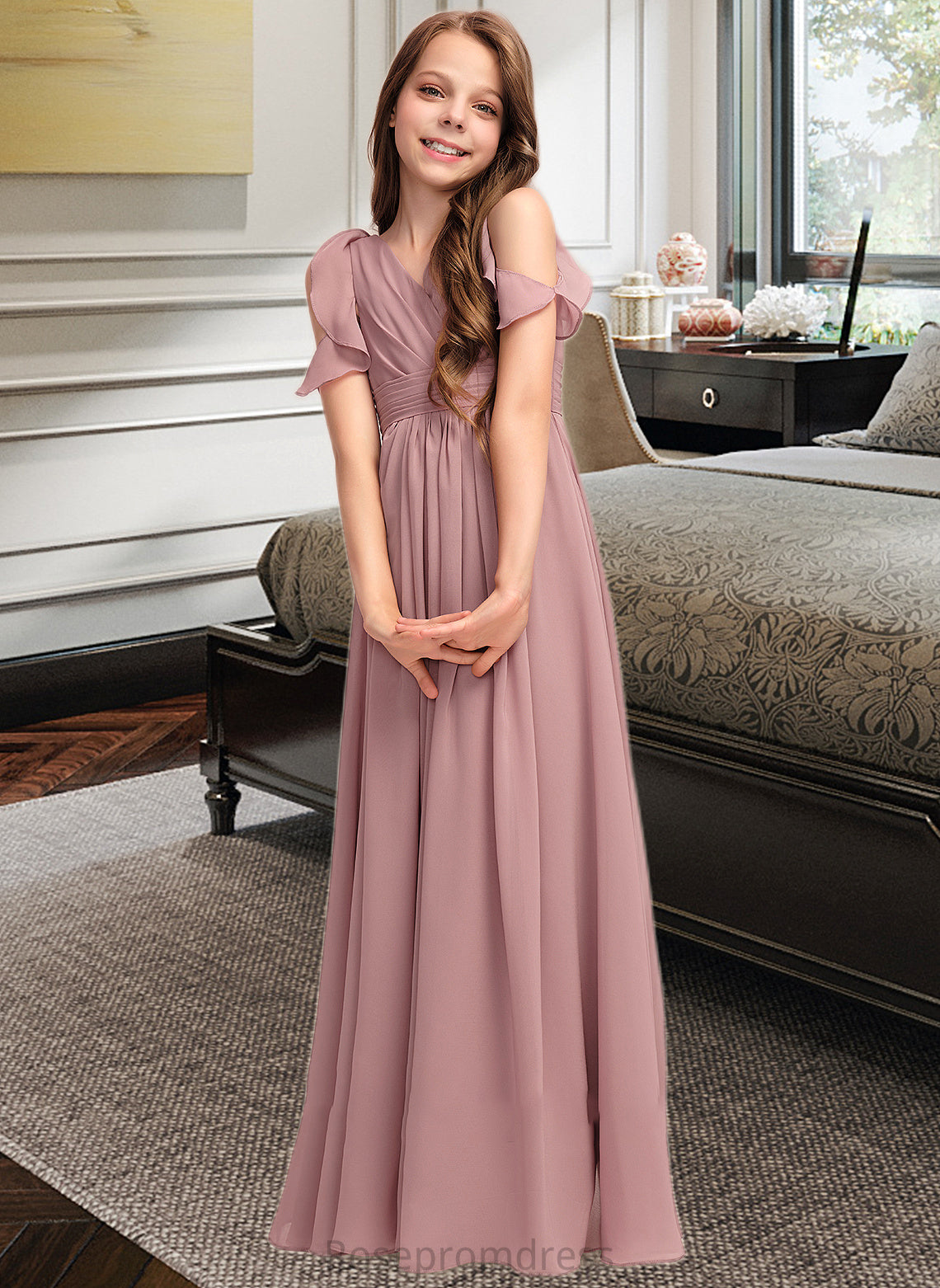 Jazlyn A-Line V-neck Floor-Length Chiffon Junior Bridesmaid Dress With Cascading Ruffles SRSP0013413