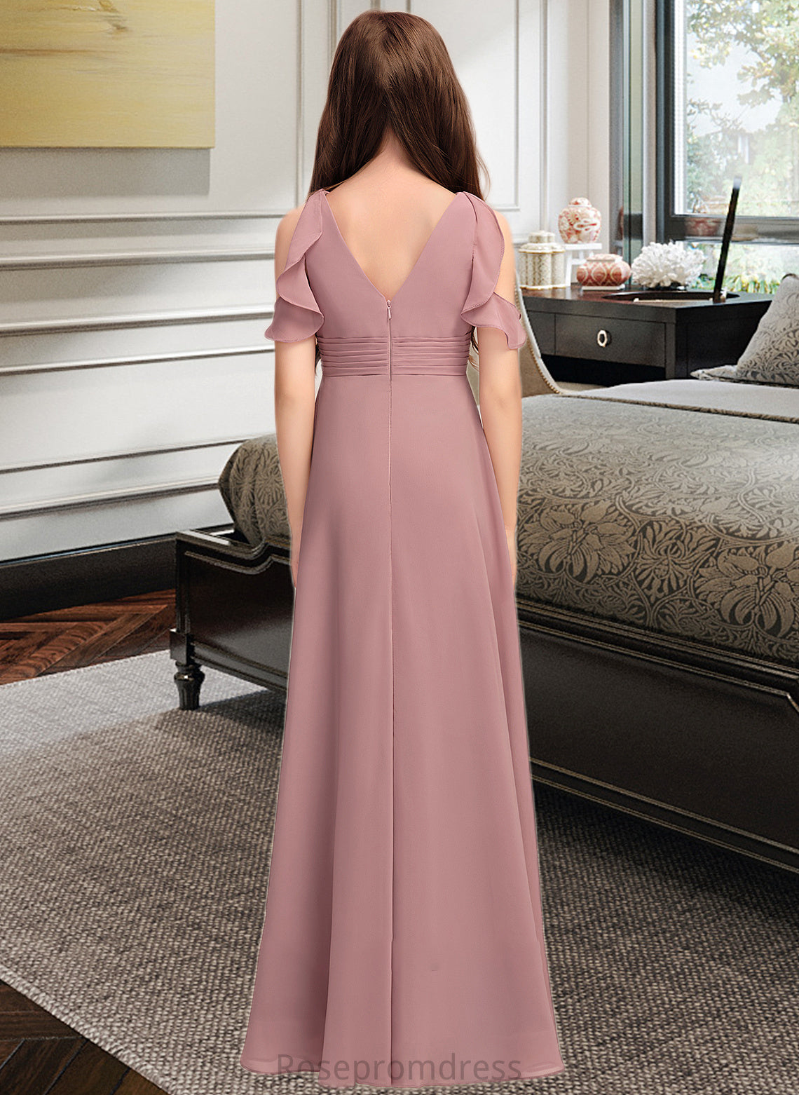 Jazlyn A-Line V-neck Floor-Length Chiffon Junior Bridesmaid Dress With Cascading Ruffles SRSP0013413