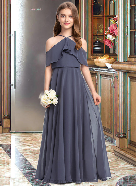 Cameron A-Line Off-the-Shoulder Floor-Length Chiffon Junior Bridesmaid Dress With Cascading Ruffles SRSP0013415
