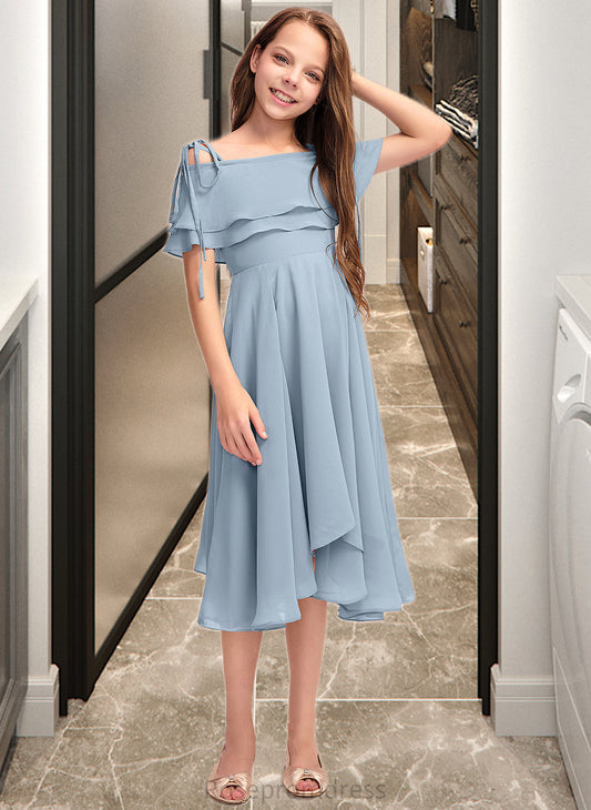 Karly A-Line Off-the-Shoulder Asymmetrical Chiffon Junior Bridesmaid Dress With Cascading Ruffles SRSP0013420