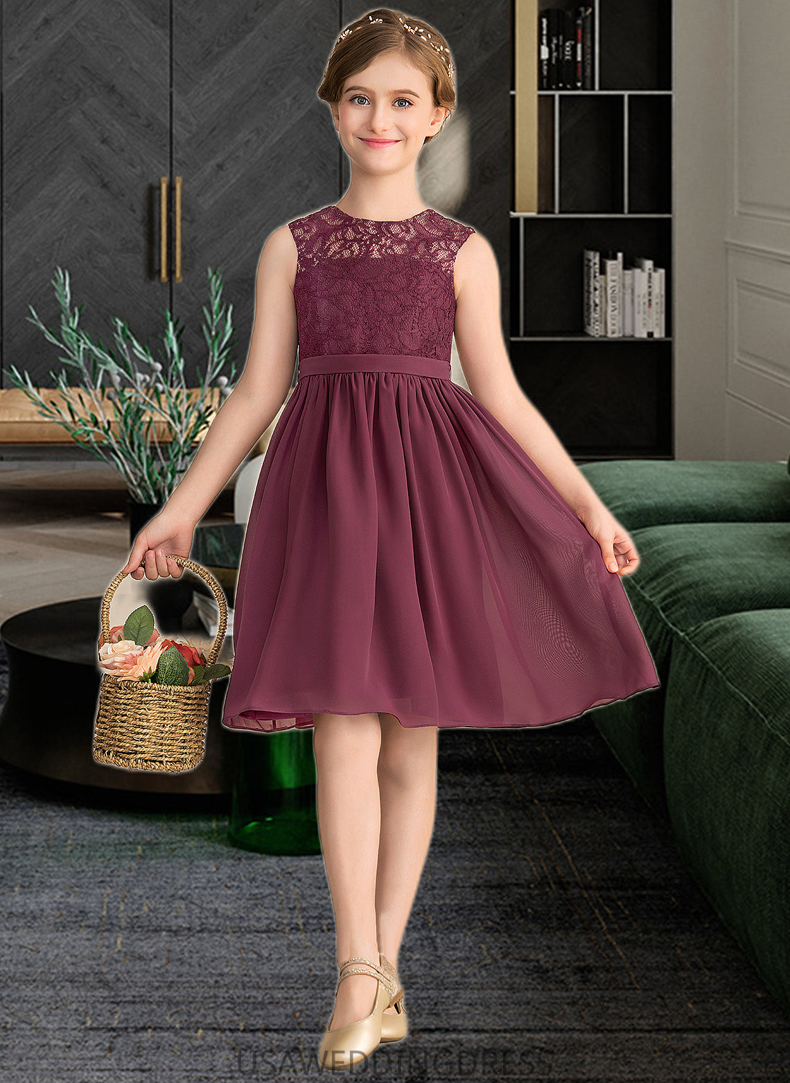 Zaria A-LineScoopNeckKnee-LengthChiffonLaceJuniorBridesmaidDress#165020 DSP0013423