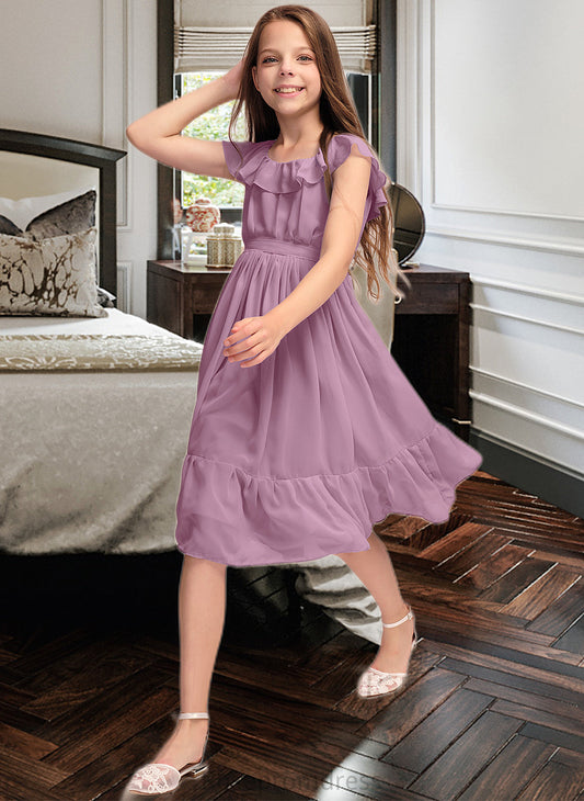 Kaitlyn A-Line Scoop Neck Knee-Length Chiffon Junior Bridesmaid Dress With Bow(s) Cascading Ruffles SRSP0013426
