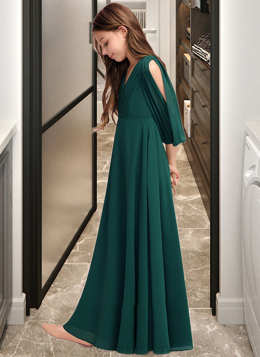 Alexis A-Line V-neck Floor-Length Chiffon Junior Bridesmaid Dress With Ruffles SRSP0013427