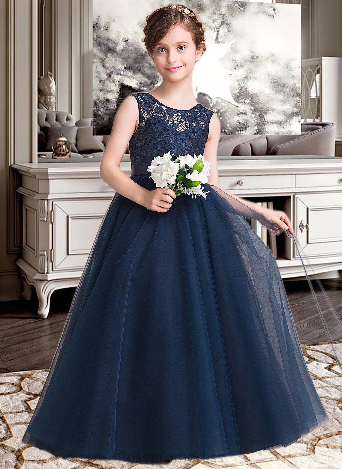 Karma Ball-Gown/PrincessScoopNeckFloor-LengthTulleJuniorBridesmaidDressWithSash#126265 SRSP0013449