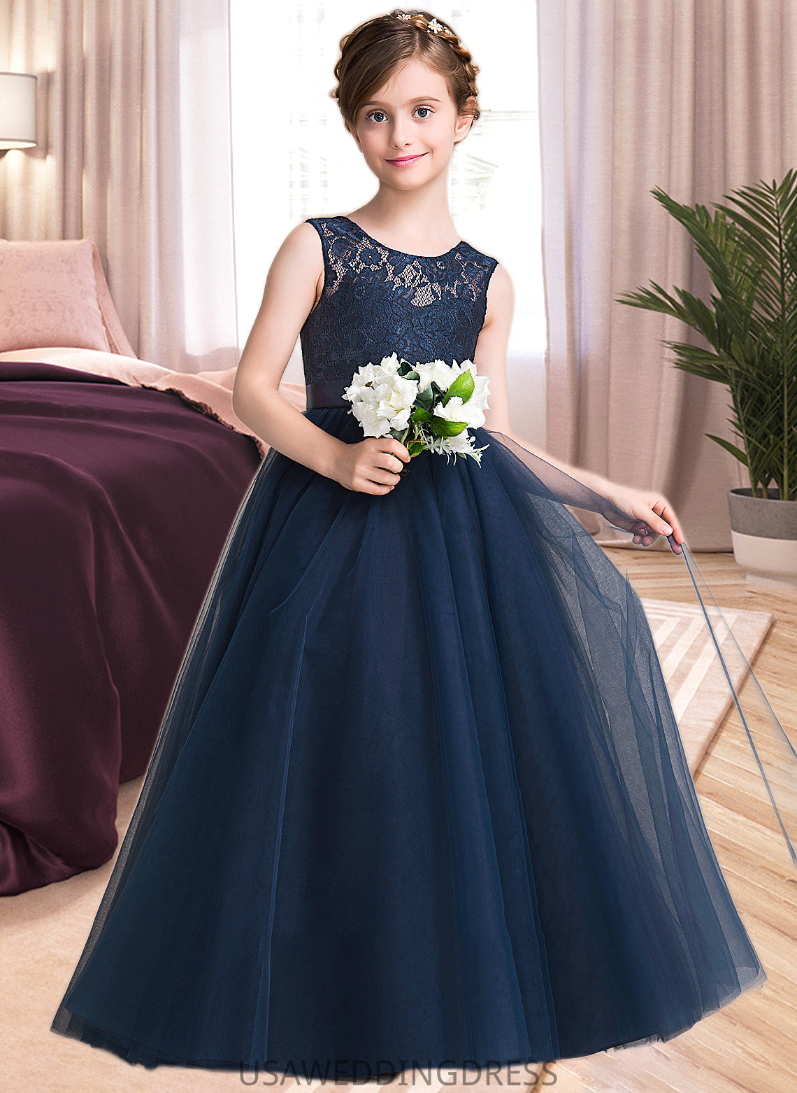 Janice Ball-Gown/PrincessScoopNeckFloor-LengthTulleJuniorBridesmaidDressWithSash#126265 DSP0013449