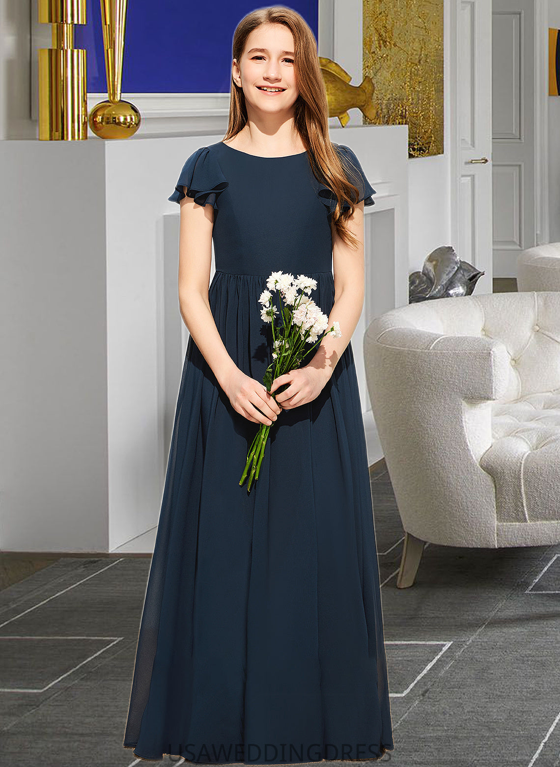 Urania A-LineScoopNeckFloor-LengthChiffonJuniorBridesmaidDress#253684 DSP0013478