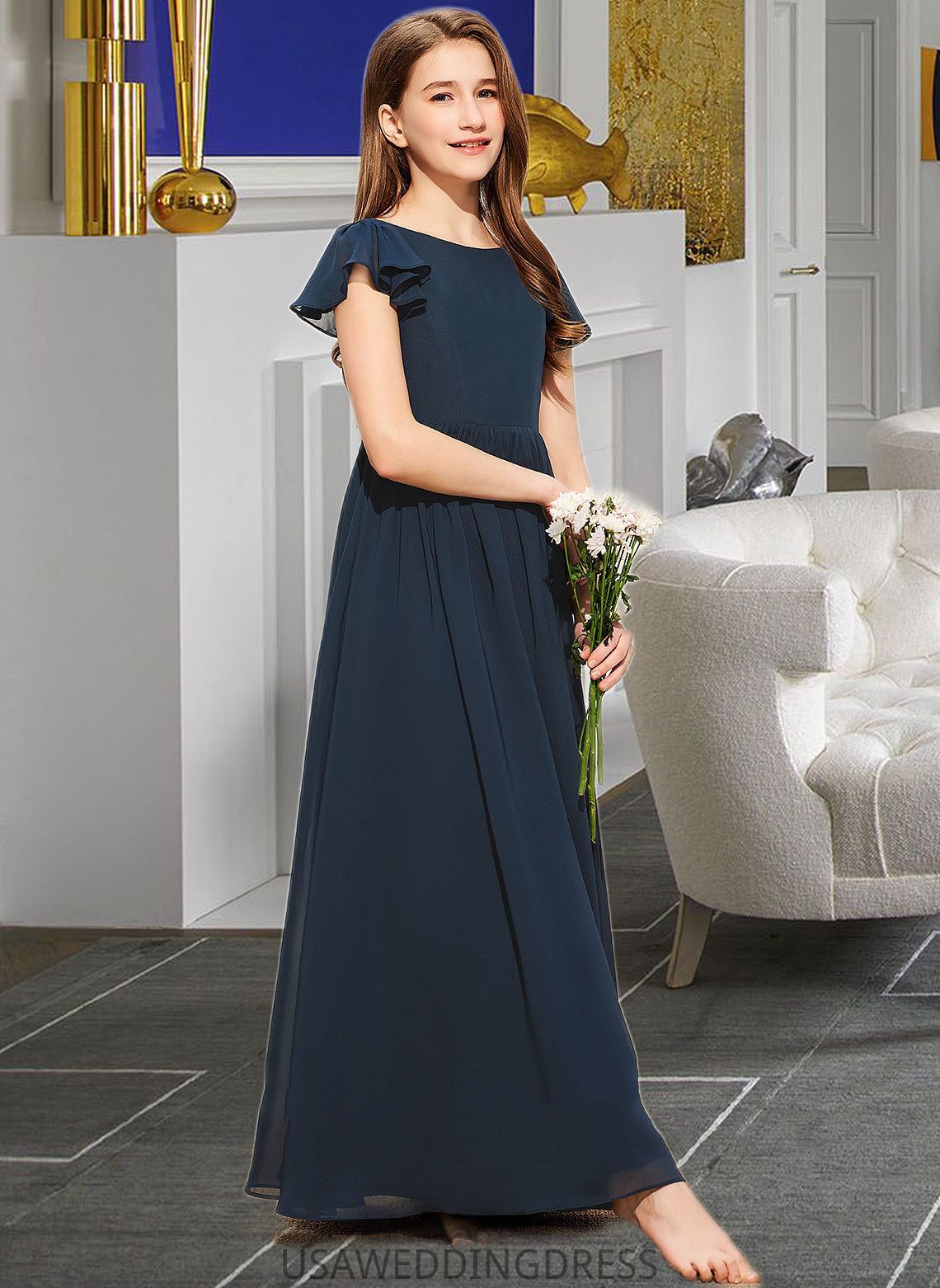 Urania A-LineScoopNeckFloor-LengthChiffonJuniorBridesmaidDress#253684 DSP0013478