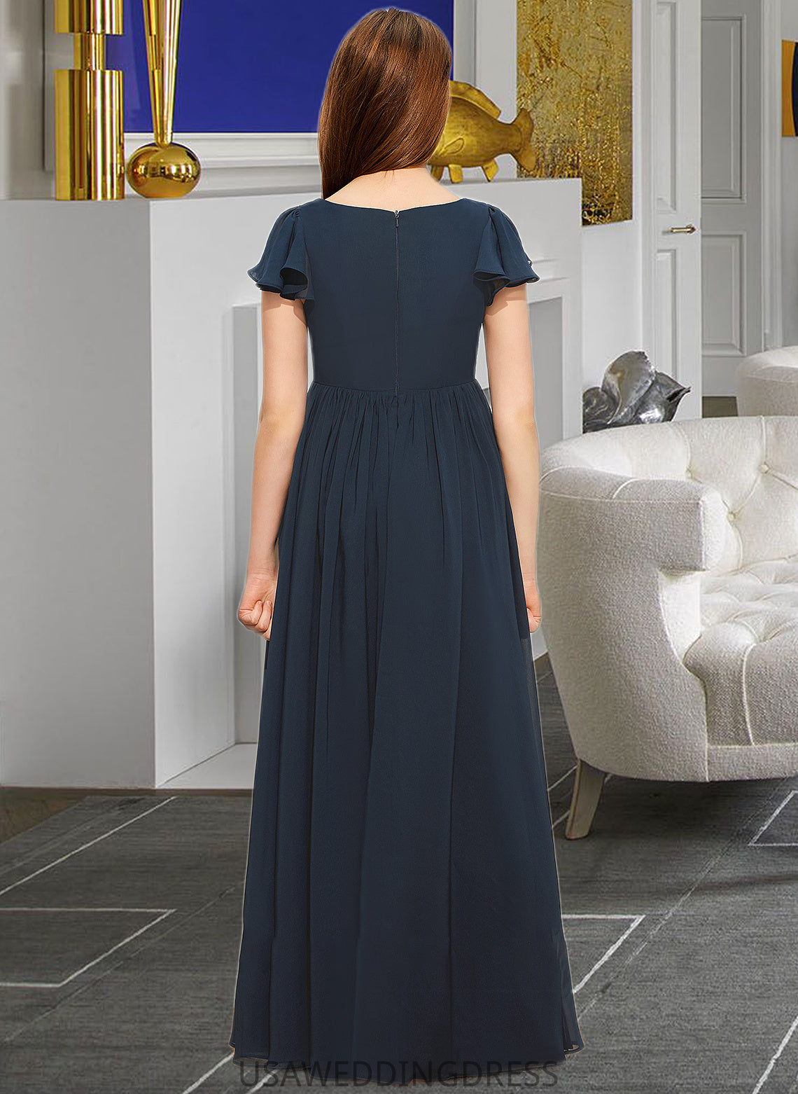 Urania A-LineScoopNeckFloor-LengthChiffonJuniorBridesmaidDress#253684 DSP0013478