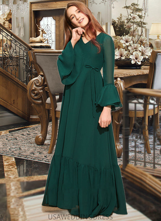 Vicky A-Line V-neck Floor-Length Chiffon Junior Bridesmaid Dress With Bow(s) Cascading Ruffles DSP0013484
