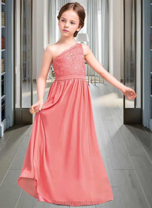 Esther A-Line One-Shoulder Floor-Length Chiffon Lace Junior Bridesmaid Dress SRSP0013500