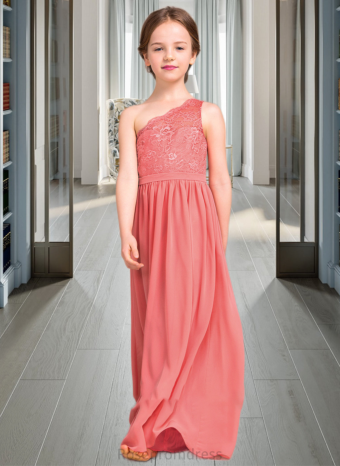 Esther A-Line One-Shoulder Floor-Length Chiffon Lace Junior Bridesmaid Dress SRSP0013500