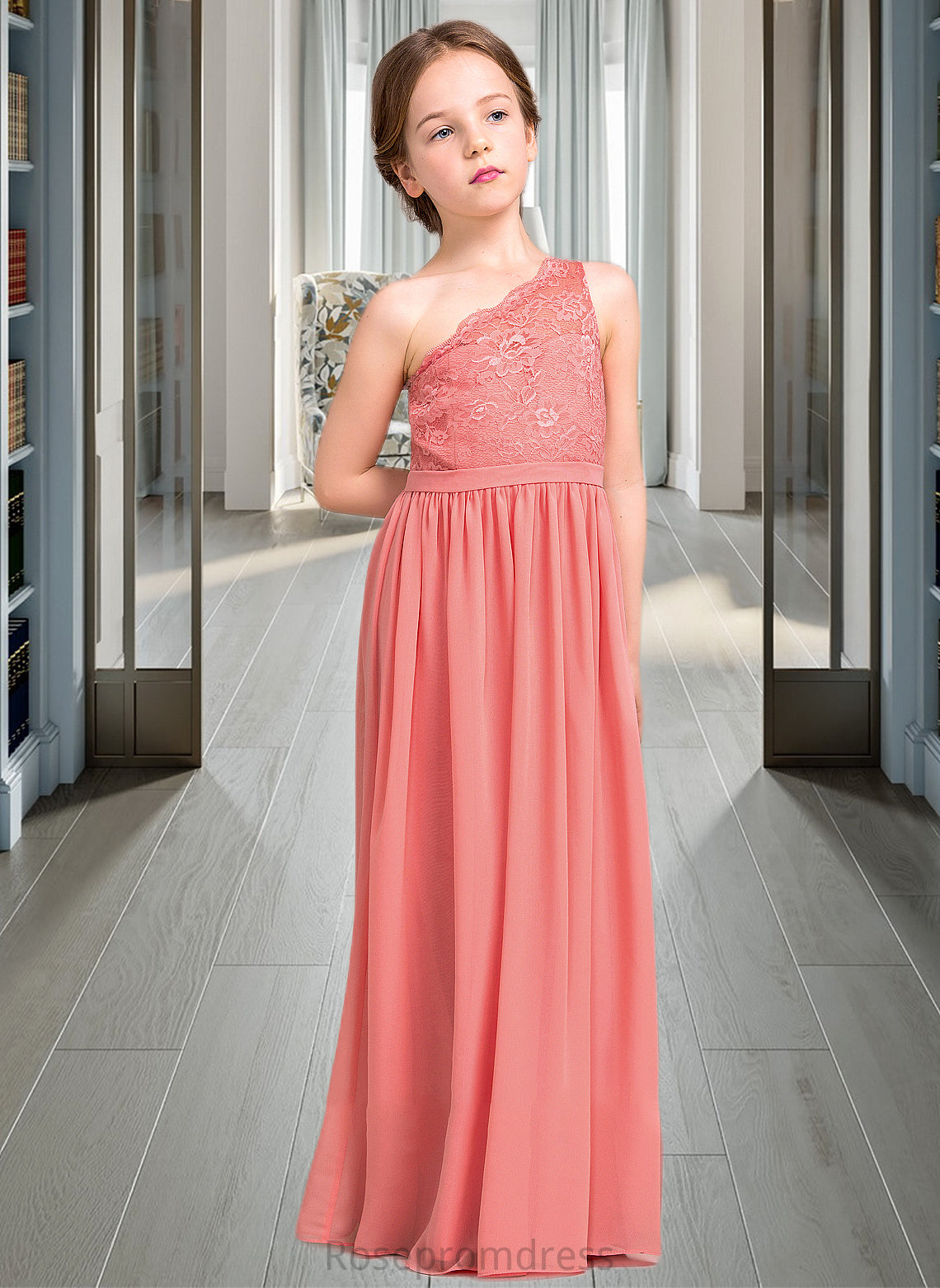 Esther A-Line One-Shoulder Floor-Length Chiffon Lace Junior Bridesmaid Dress SRSP0013500
