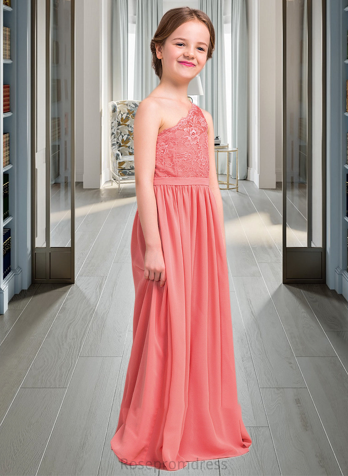 Esther A-Line One-Shoulder Floor-Length Chiffon Lace Junior Bridesmaid Dress SRSP0013500