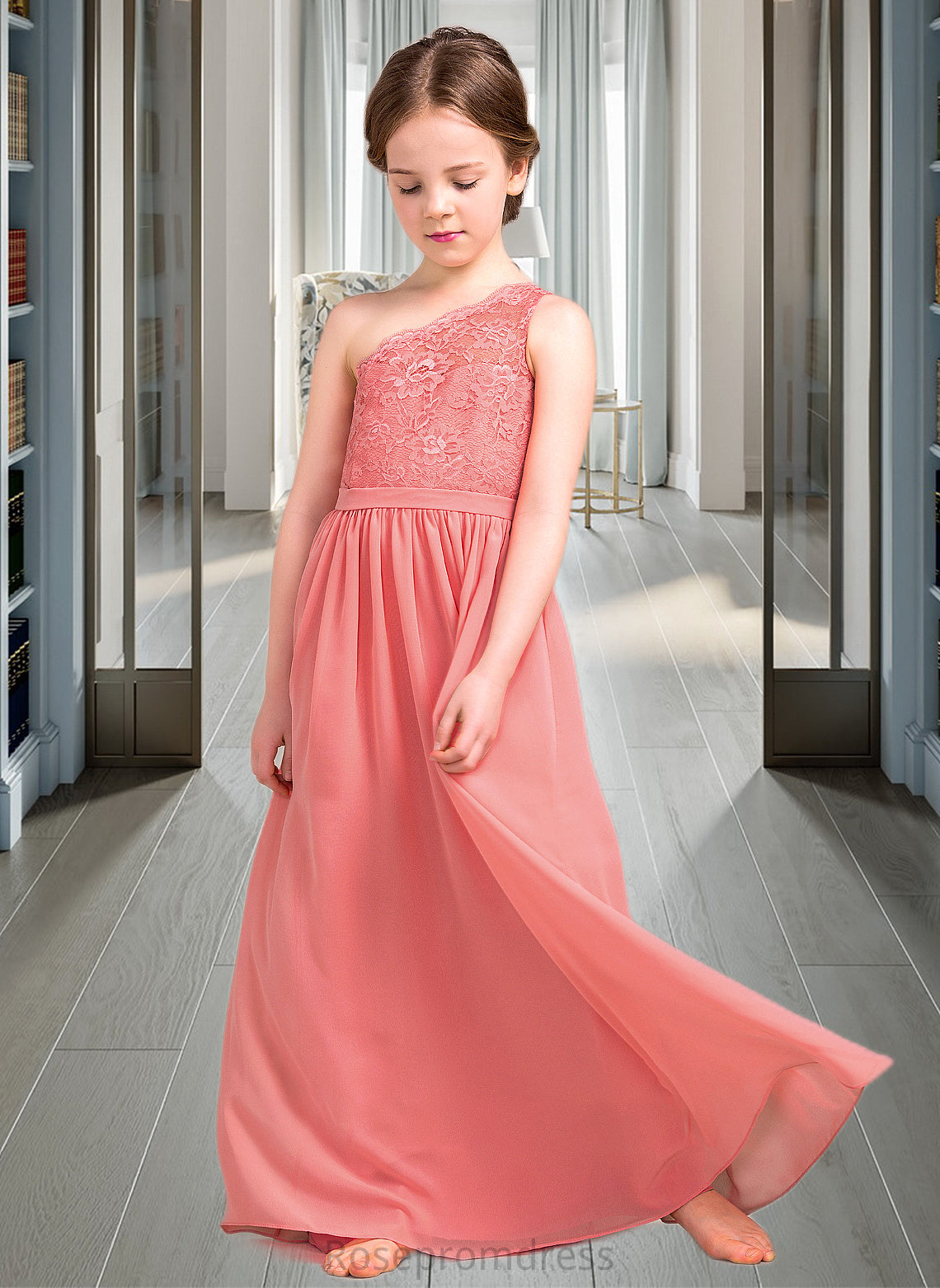 Esther A-Line One-Shoulder Floor-Length Chiffon Lace Junior Bridesmaid Dress SRSP0013500