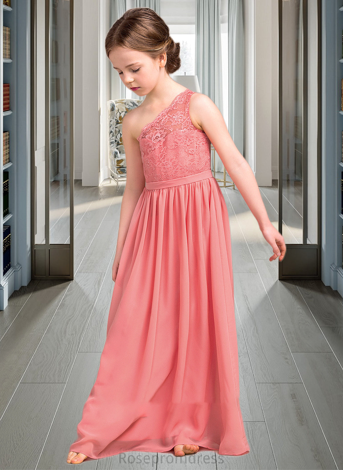 Esther A-Line One-Shoulder Floor-Length Chiffon Lace Junior Bridesmaid Dress SRSP0013500