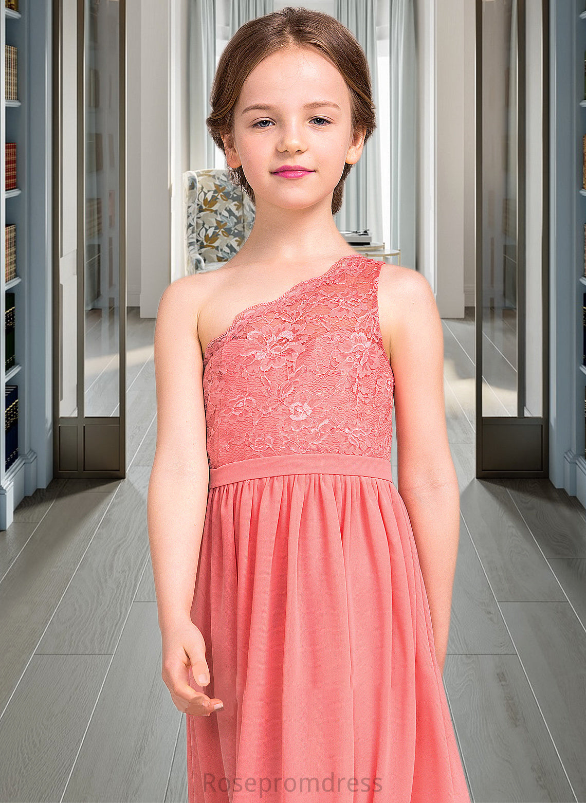 Esther A-Line One-Shoulder Floor-Length Chiffon Lace Junior Bridesmaid Dress SRSP0013500