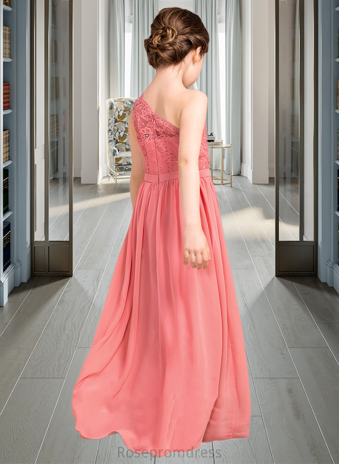 Esther A-Line One-Shoulder Floor-Length Chiffon Lace Junior Bridesmaid Dress SRSP0013500