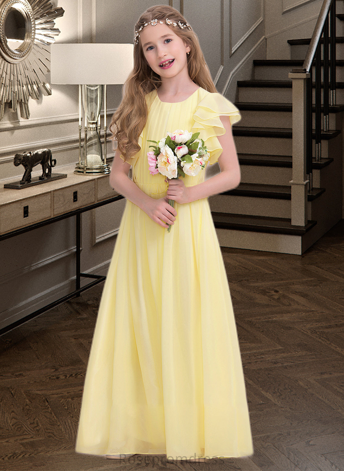 Abagail A-LineScoopNeckFloor-LengthChiffonJuniorBridesmaidDressWithRuffleCascadingRuffles#123850 SRSP0013508