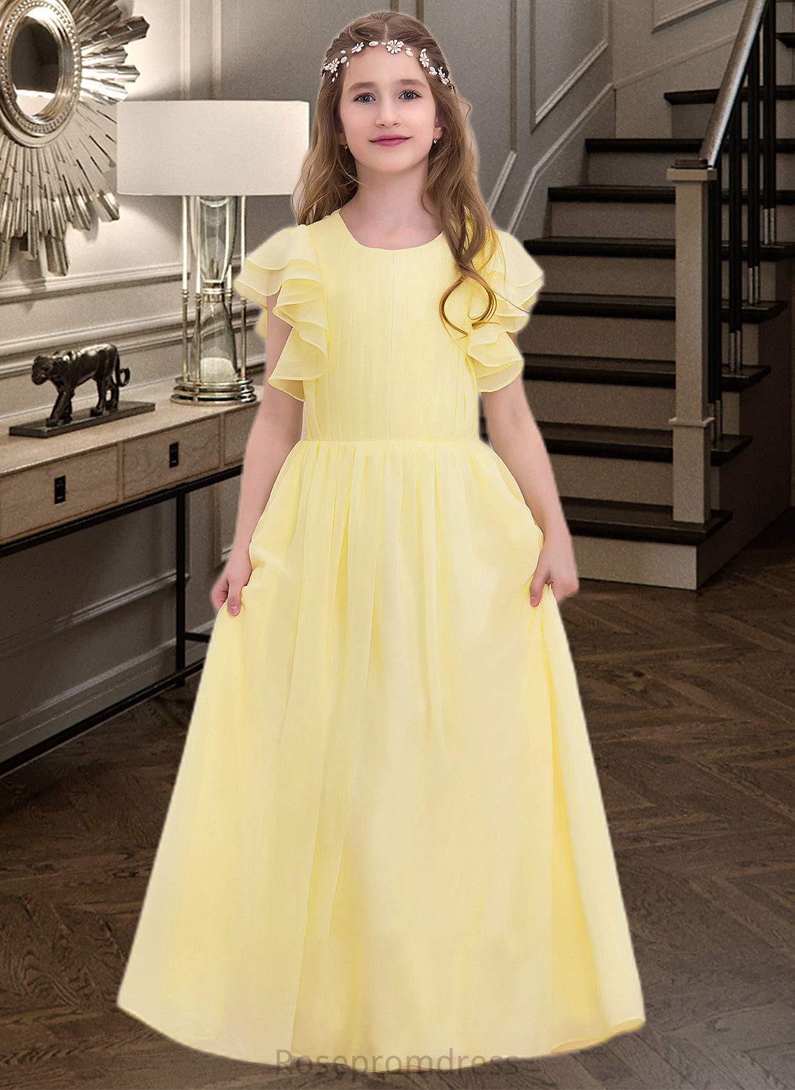 Abagail A-LineScoopNeckFloor-LengthChiffonJuniorBridesmaidDressWithRuffleCascadingRuffles#123850 SRSP0013508