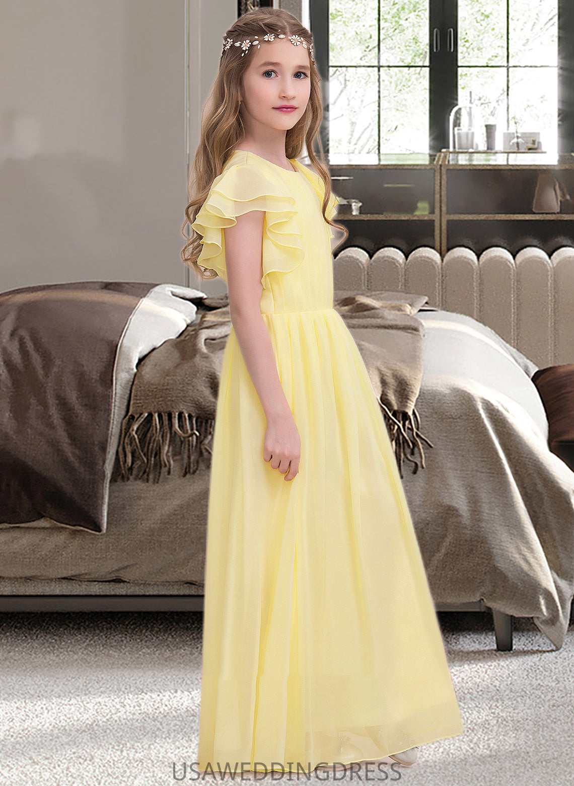 Michaela A-LineScoopNeckFloor-LengthChiffonJuniorBridesmaidDressWithRuffleCascadingRuffles#123850 DSP0013508