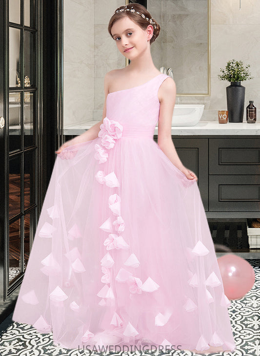 Heaven A-Line One-Shoulder Floor-Length Tulle Junior Bridesmaid Dress With Ruffle Flower(s) DSP0013546