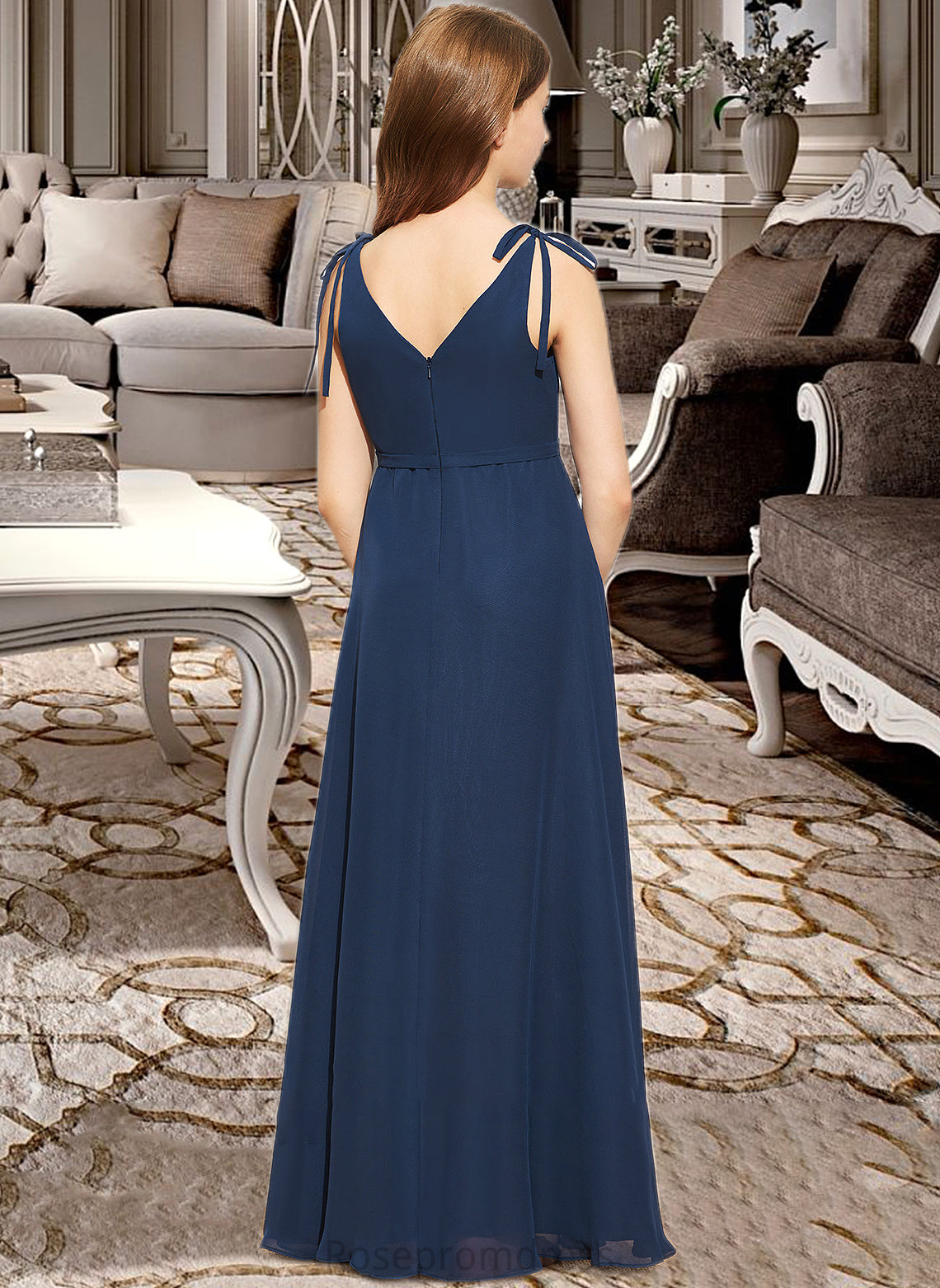 Ina A-Line V-neck Floor-Length Chiffon Junior Bridesmaid Dress With Bow(s) SRSP0013548