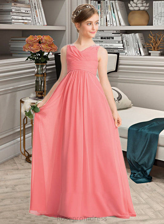 Rosemary EmpireV-neckFloor-LengthChiffonJuniorBridesmaidDressWithRuffleBeadingSequins#173291 SRSP0013562