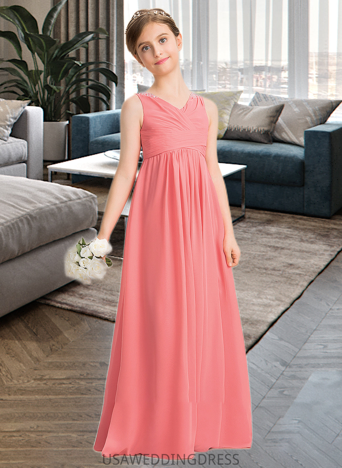 Poll EmpireV-neckFloor-LengthChiffonJuniorBridesmaidDressWithRuffleBeadingSequins#173291 DSP0013562