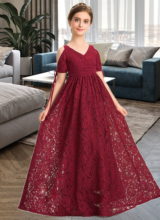 Braelyn A-Line V-neck Floor-Length Lace Junior Bridesmaid Dress With Ruffle Bow(s) SRSP0013581