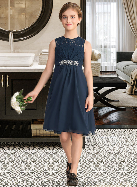 Karla A-Line Scoop Neck Knee-Length Chiffon Lace Junior Bridesmaid Dress With Beading Sequins Bow(s) DSP0013583