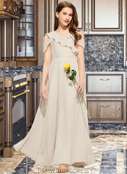 Kinsley A-Line V-neck Floor-Length Chiffon Junior Bridesmaid Dress With Cascading Ruffles DSP0013603
