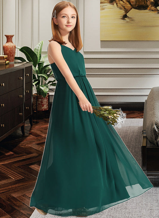 Carissa A-Line V-neck Floor-Length Chiffon Junior Bridesmaid Dress With Ruffle SRSP0013606