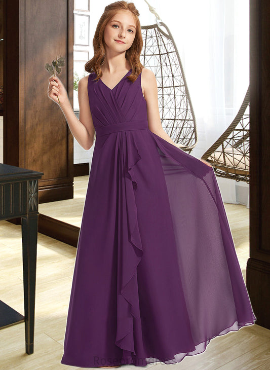Keely A-Line V-neck Floor-Length Chiffon Junior Bridesmaid Dress With Ruffles SRSP0013607