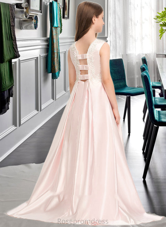 Kailee A-Line Scoop Neck Sweep Train Satin Lace Junior Bridesmaid Dress With Bow(s) Pockets SRSP0013609