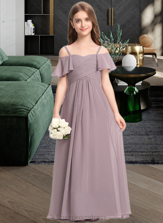 Dania A-Line Off-the-Shoulder Floor-Length Chiffon Junior Bridesmaid Dress With Ruffle SRSP0013610