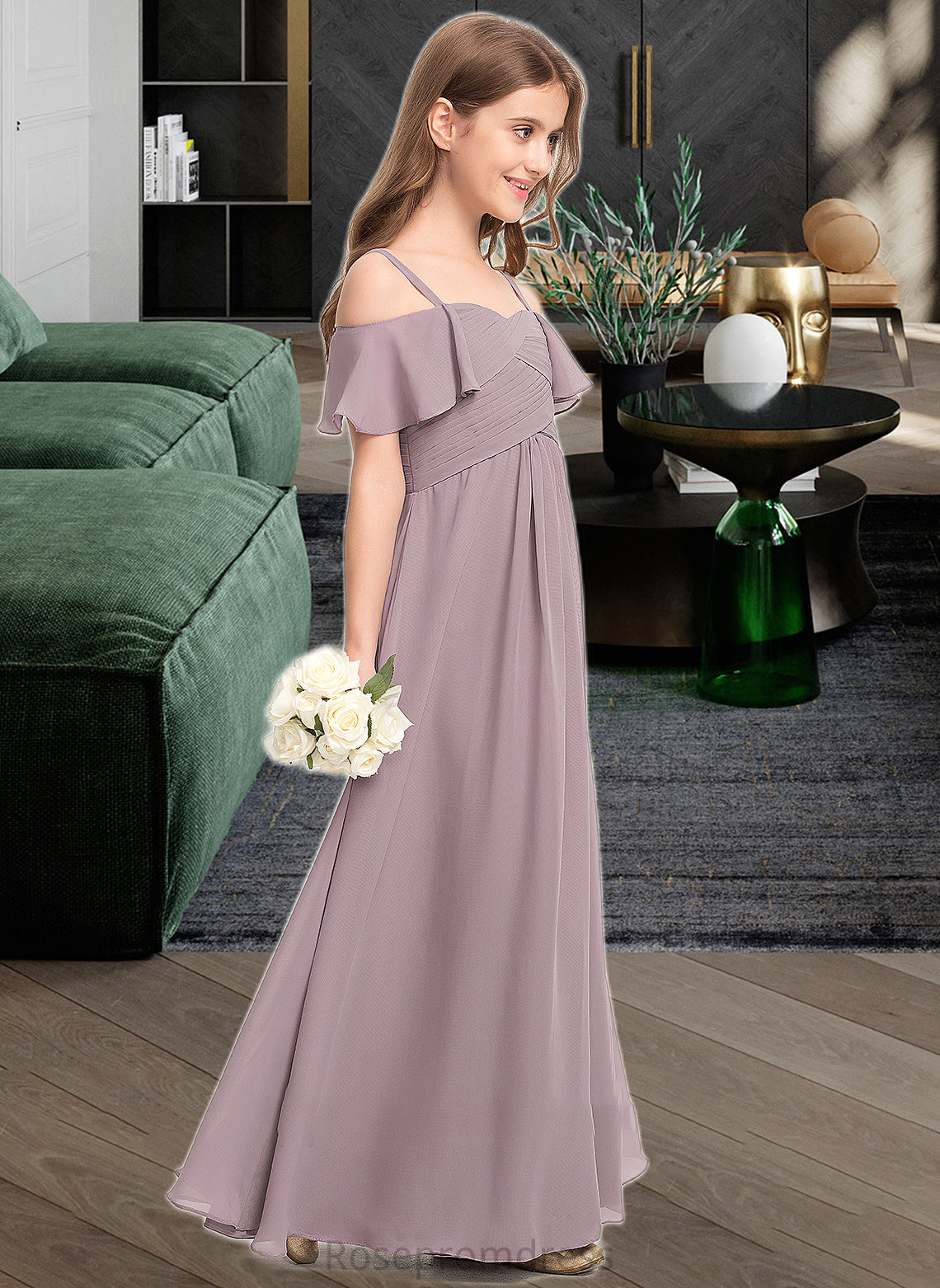 Dania A-Line Off-the-Shoulder Floor-Length Chiffon Junior Bridesmaid Dress With Ruffle SRSP0013610