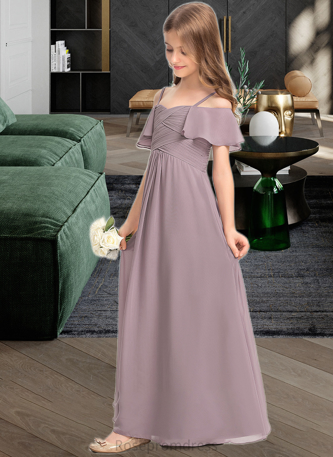 Dania A-Line Off-the-Shoulder Floor-Length Chiffon Junior Bridesmaid Dress With Ruffle SRSP0013610