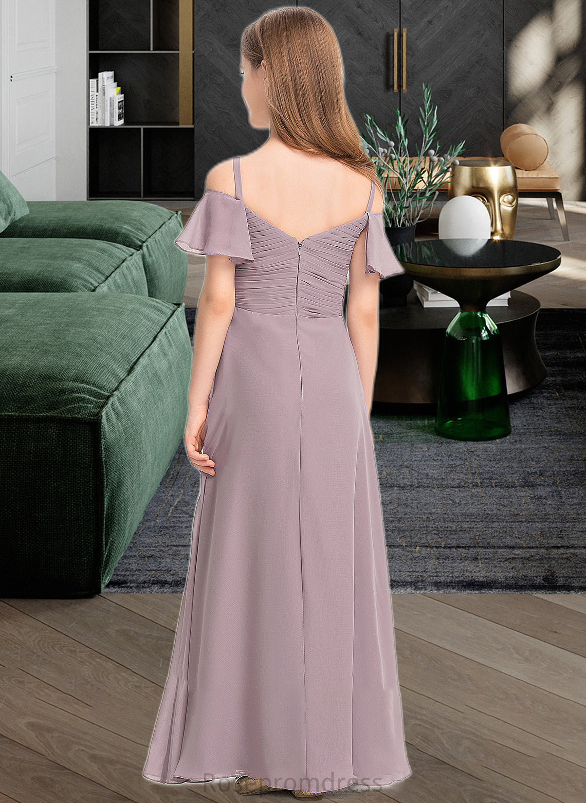 Dania A-Line Off-the-Shoulder Floor-Length Chiffon Junior Bridesmaid Dress With Ruffle SRSP0013610