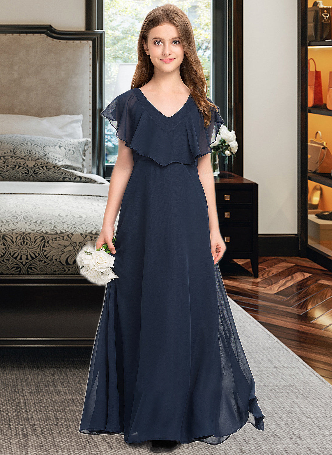 Elizabeth A-Line V-neck Floor-Length Chiffon Junior Bridesmaid Dress SRSP0013611